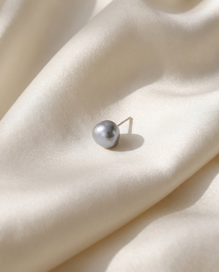 Grey Baroque Pearl Studs freshwater pearl earring draped on champagne silk