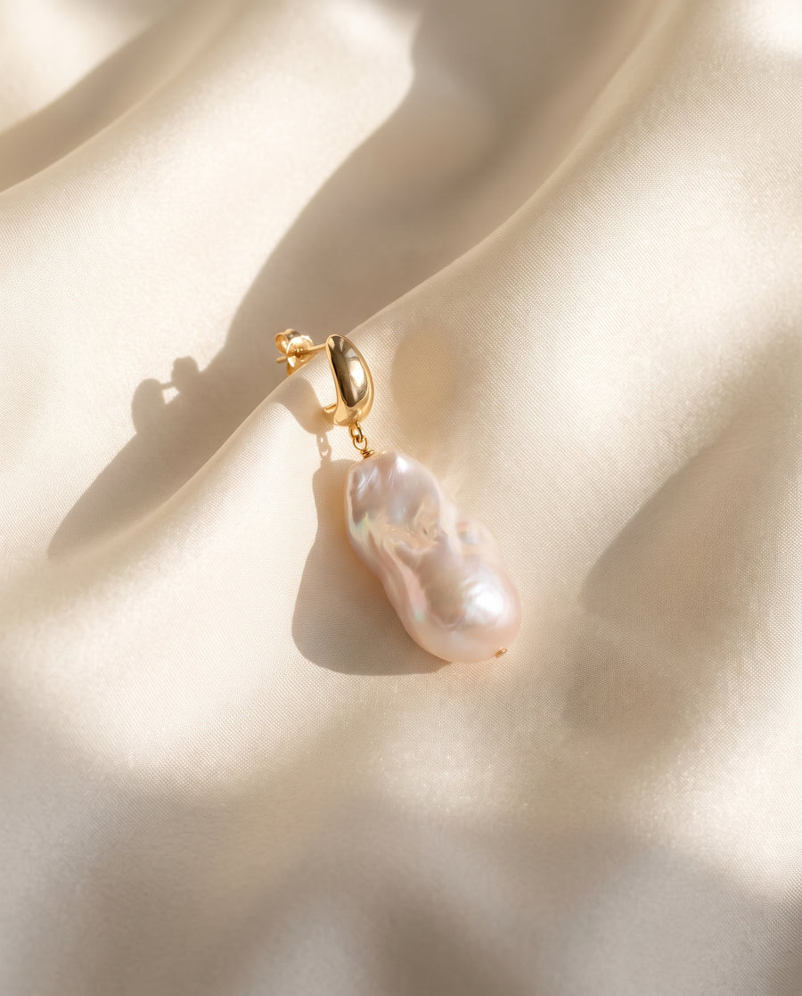 Baroque Pearl Drop Earrings freshwater pearl earring draped on champagne silk