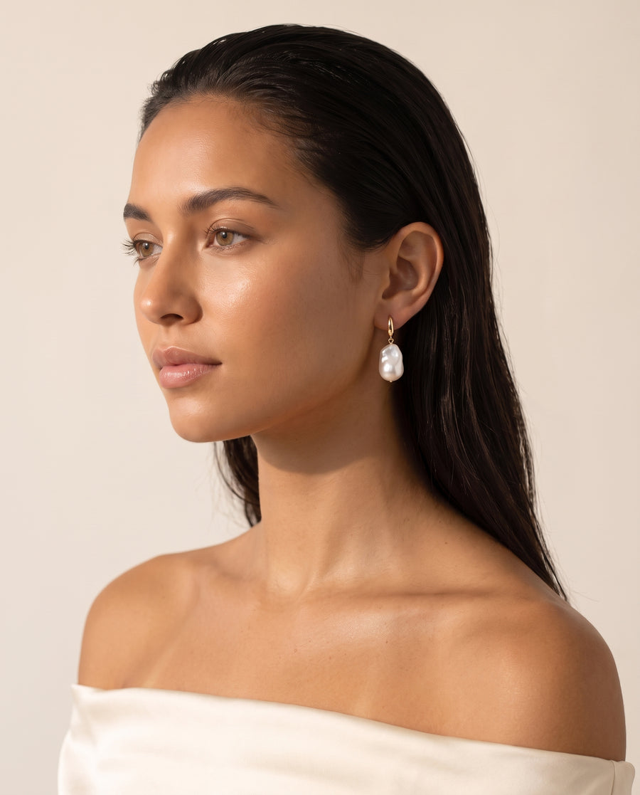 Baroque Pearl Drop Earrings freshwater pearl earring profile on the ear