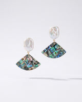 Abalone Shell Fan Drops freshwater pearl earring on a clean white background