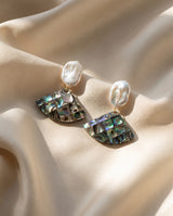 Abalone Shell Fan Drops freshwater pearl earring draped on champagne silk