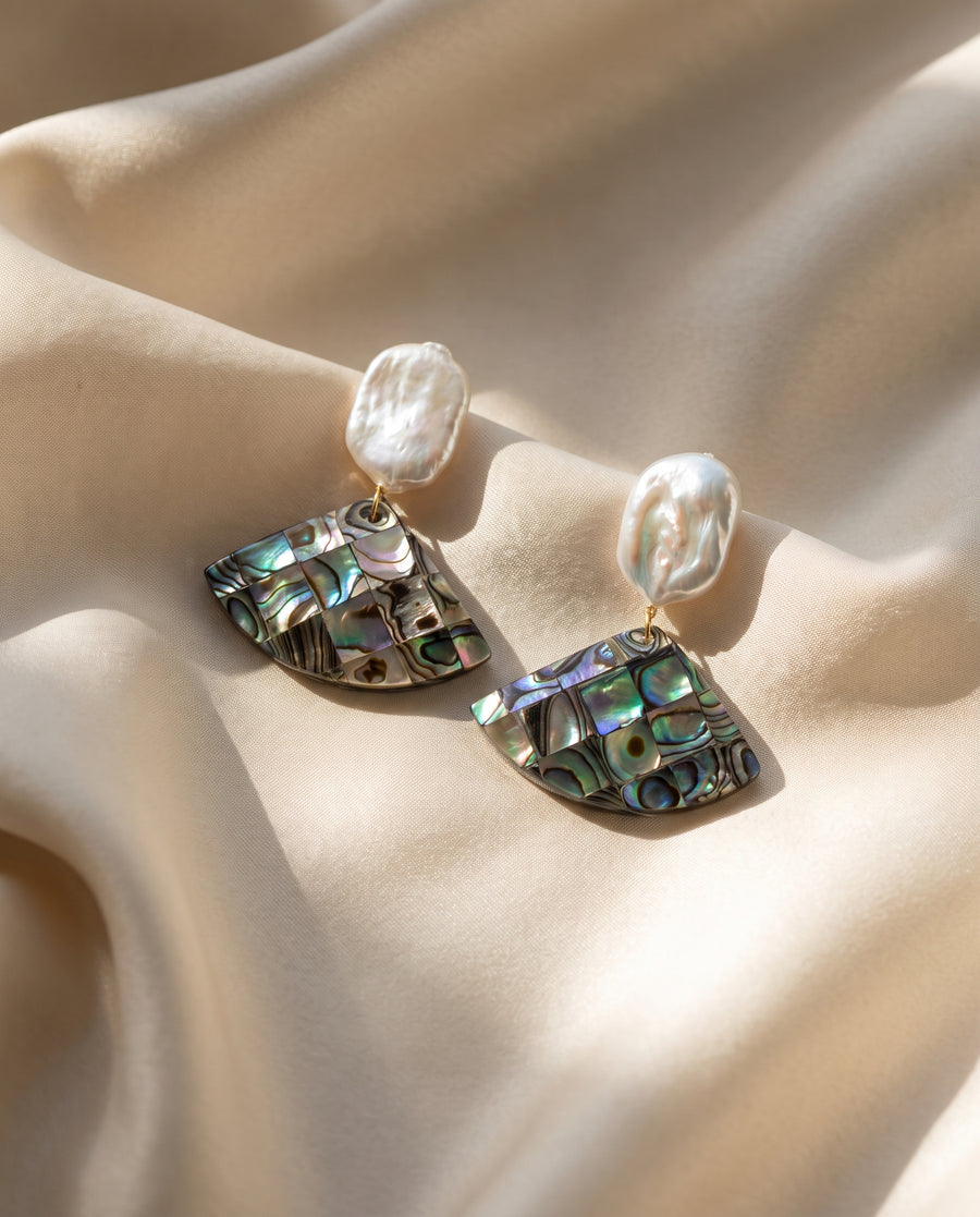 Abalone Shell Fan Drops freshwater pearl earring draped on champagne silk