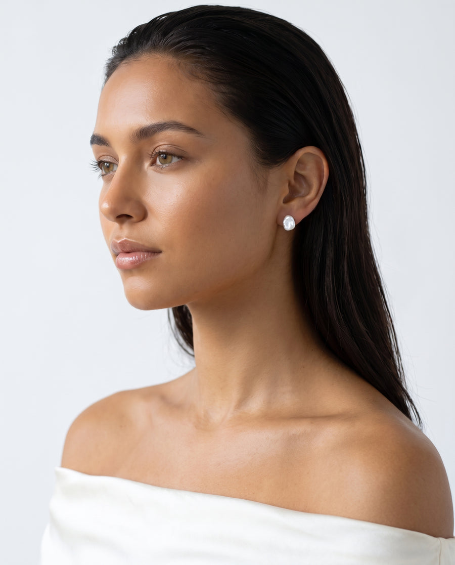 Petite Baroque Pearl Studs freshwater pearl earring profile on the ear