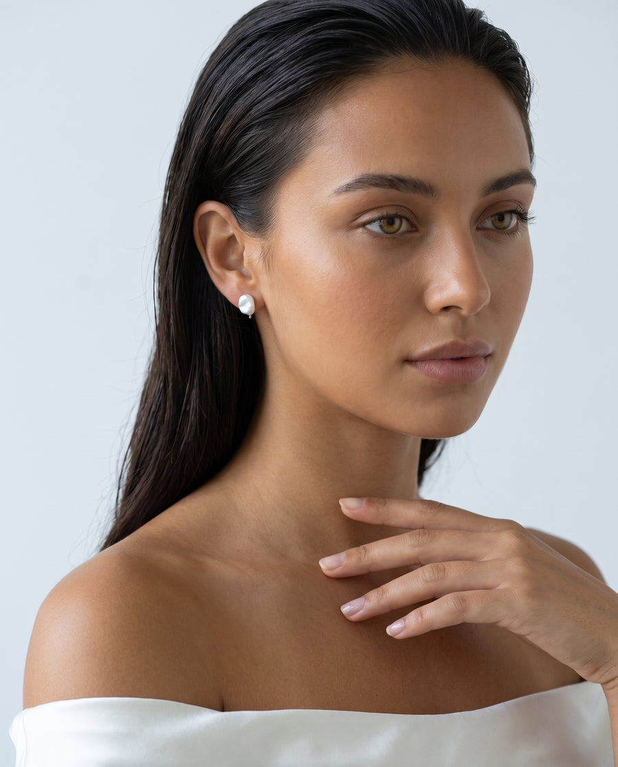 Petite Baroque Pearl Studs freshwater pearl earring ear to collarbone