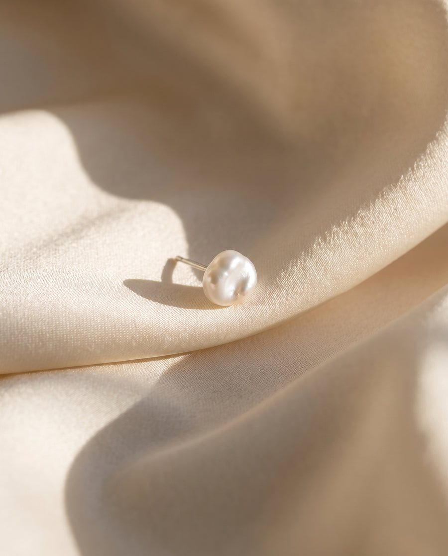 Petite Baroque Pearl Studs freshwater pearl earring draped on champagne silk