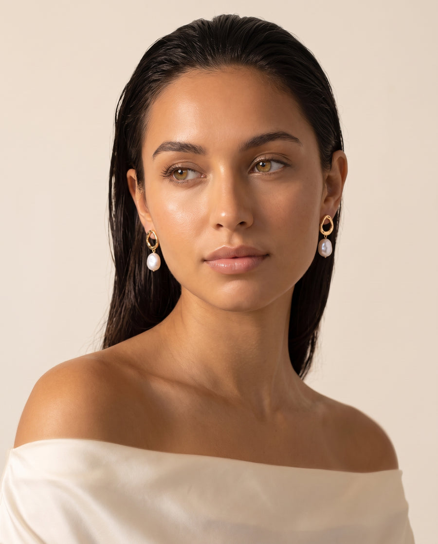 Twist Ring Baroque Pearl Drops freshwater pearl earring front view, both earrings