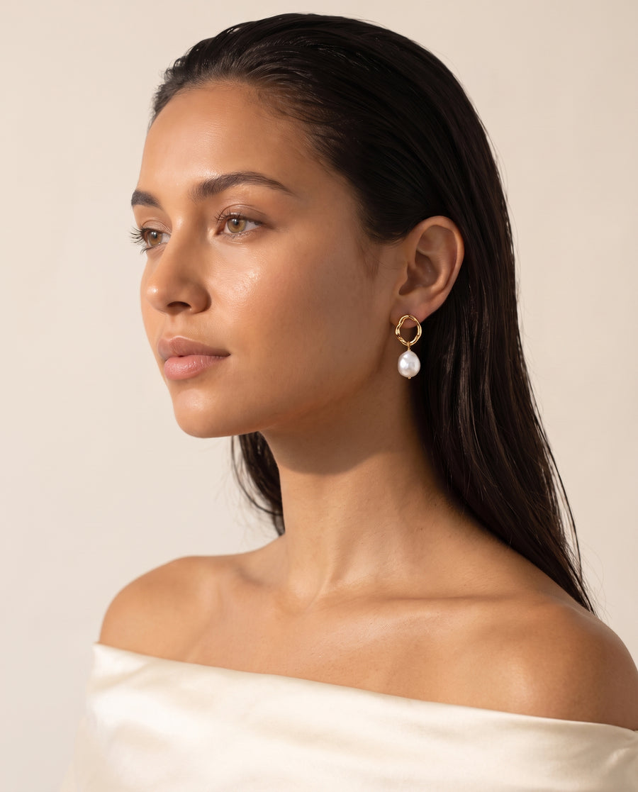 Twist Ring Baroque Pearl Drops freshwater pearl earring profile on the ear