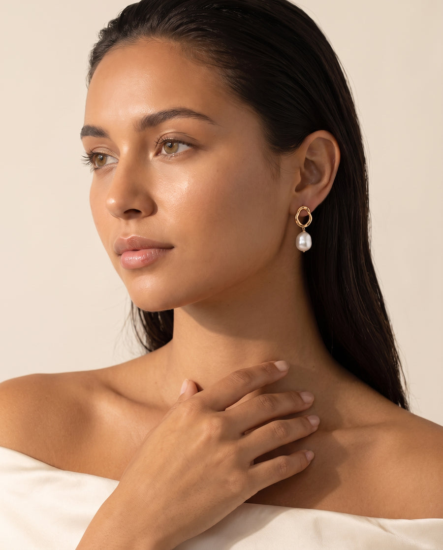 Twist Ring Baroque Pearl Drops freshwater pearl earring ear to collarbone