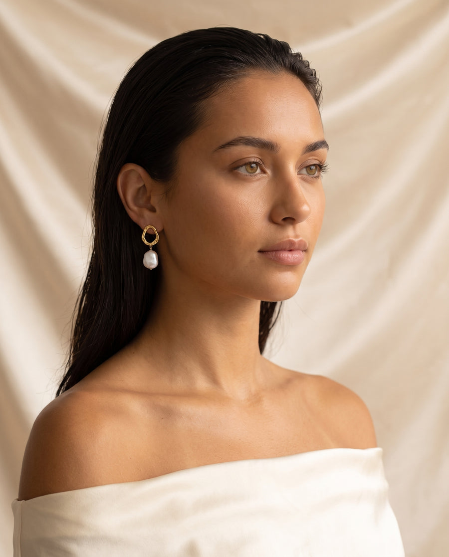 Twist Ring Baroque Pearl Drops freshwater pearl earring editorial on champagne silk