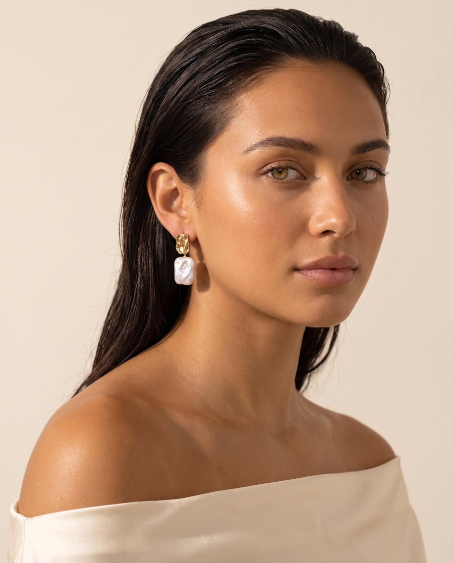Rectangle Baroque Pearl Drops freshwater pearl earring worn on the ear