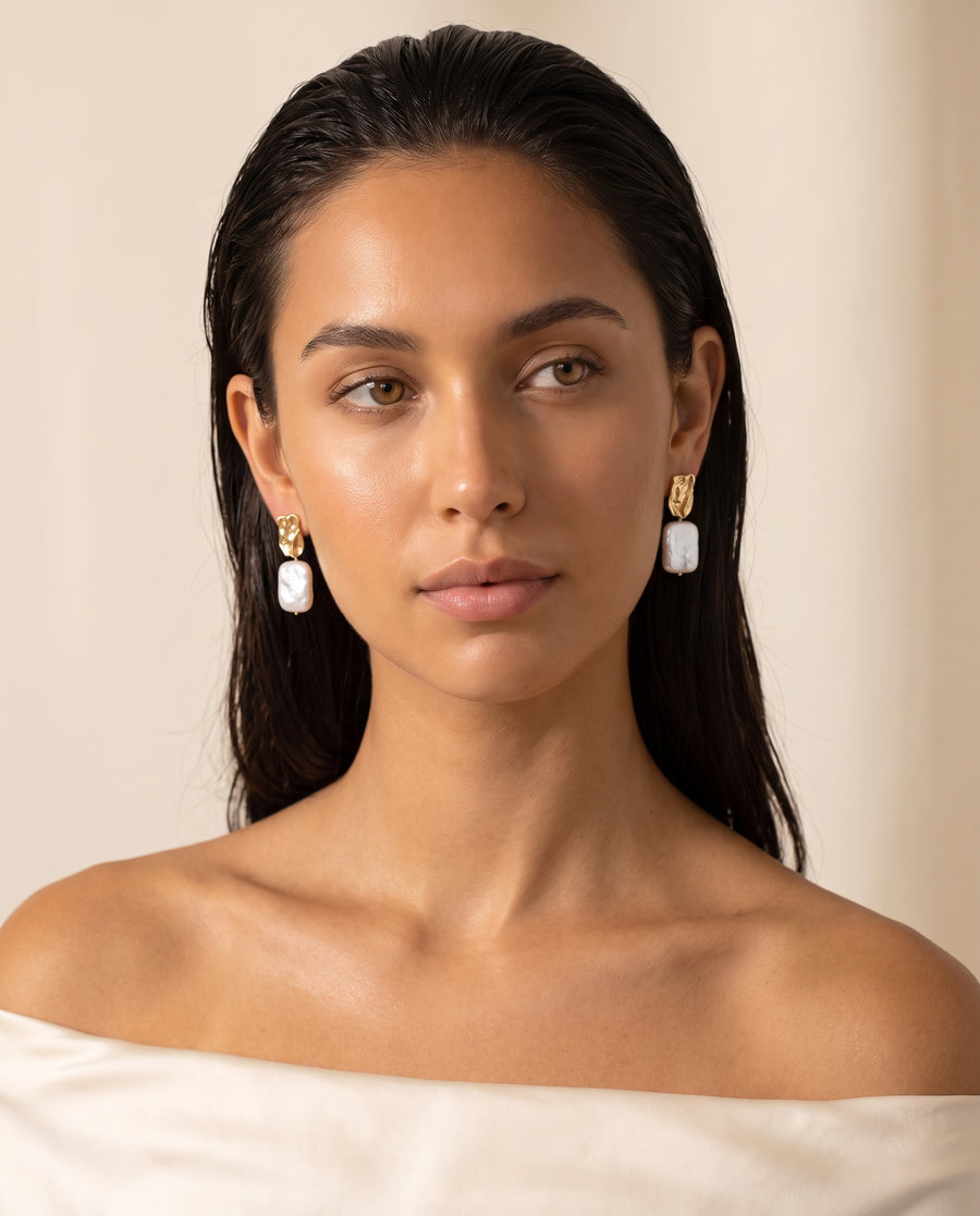 Rectangle Baroque Pearl Drops freshwater pearl earring front view, both earrings