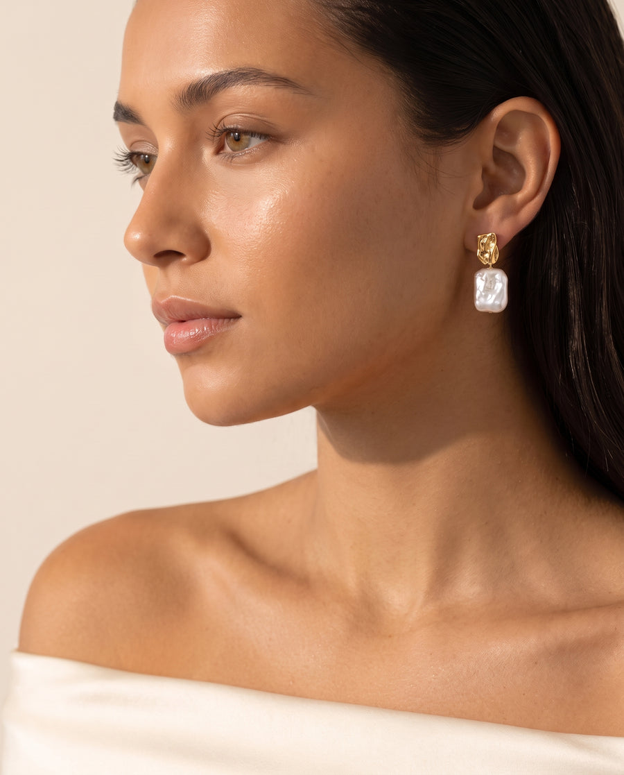 Rectangle Baroque Pearl Drops freshwater pearl earring profile on the ear