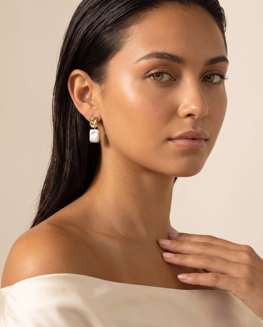 Rectangle Baroque Pearl Drops freshwater pearl earring ear to collarbone