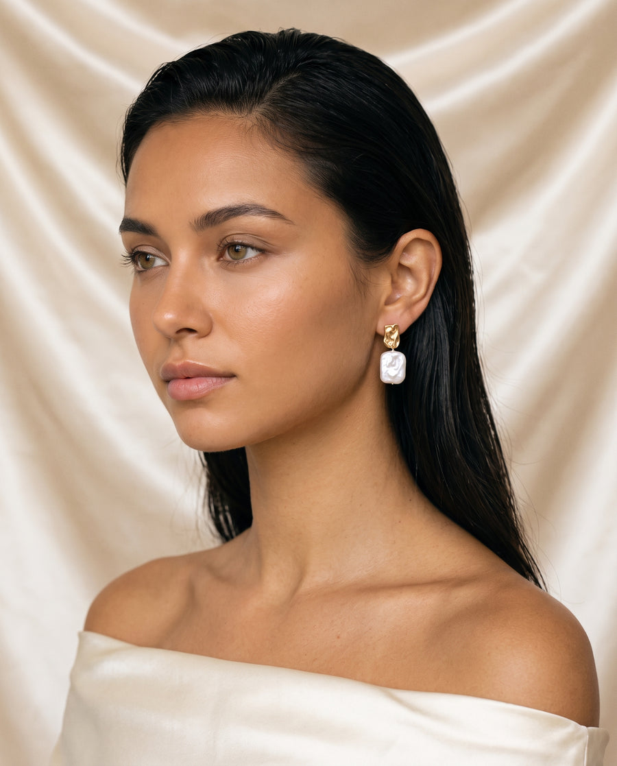 Rectangle Baroque Pearl Drops freshwater pearl earring editorial on champagne silk