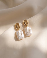 Rectangle Baroque Pearl Drops freshwater pearl earring draped on champagne silk