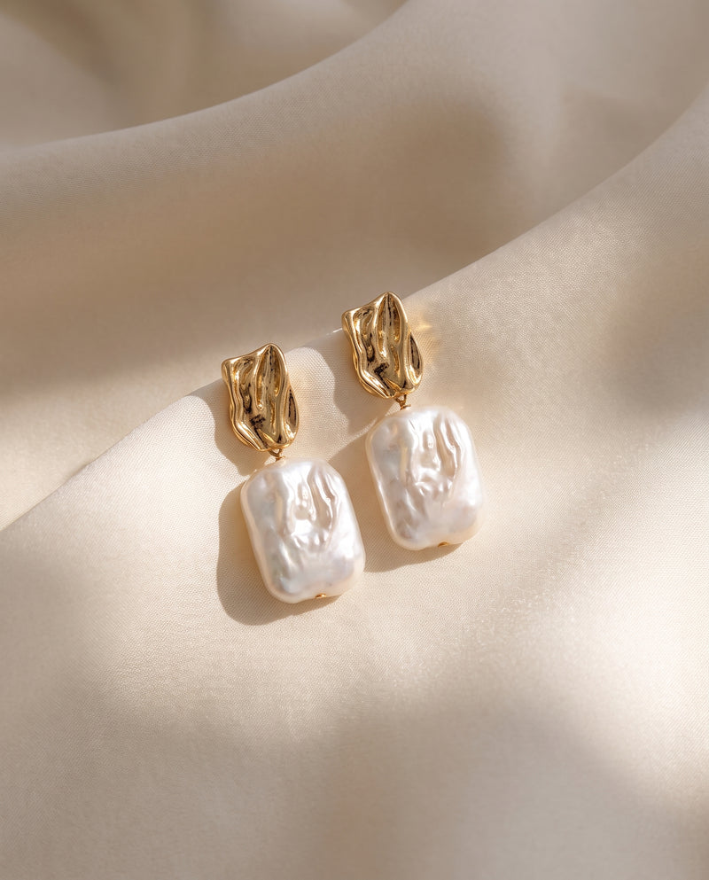 Rectangle Baroque Pearl Drops freshwater pearl earring draped on champagne silk