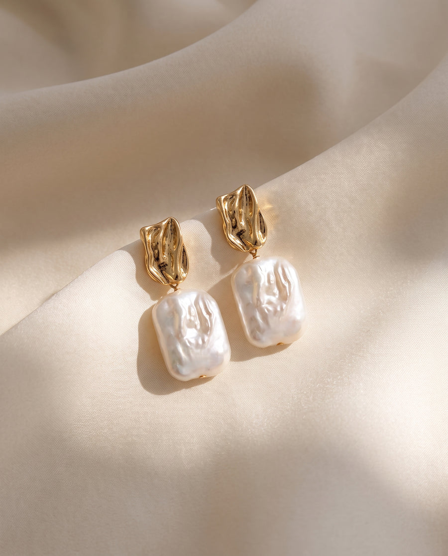 Rectangle Baroque Pearl Drops freshwater pearl earring draped on champagne silk