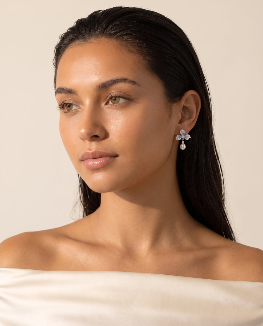 Blue Petal Pearl Studs freshwater pearl earring front view, both earrings