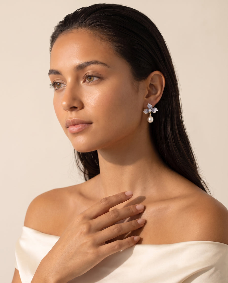 Blue Petal Pearl Studs freshwater pearl earring ear to collarbone