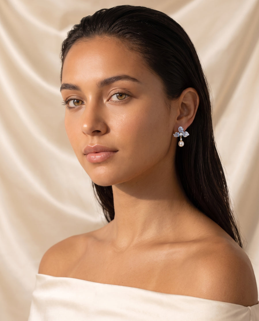 Blue Petal Pearl Studs freshwater pearl earring editorial on champagne silk