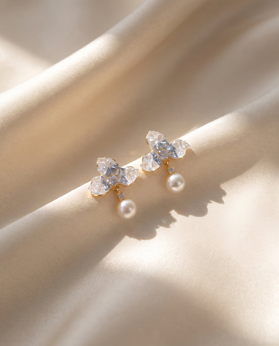 Blue Petal Pearl Studs freshwater pearl earring draped on champagne silk