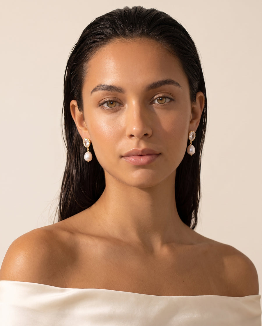 Oval Crystal Pearl Drops freshwater pearl earring front view, both earrings