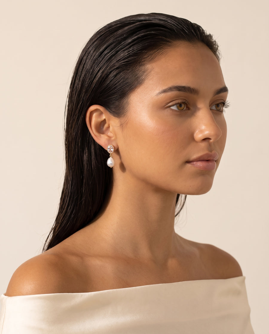 Oval Crystal Pearl Drops freshwater pearl earring profile on the ear