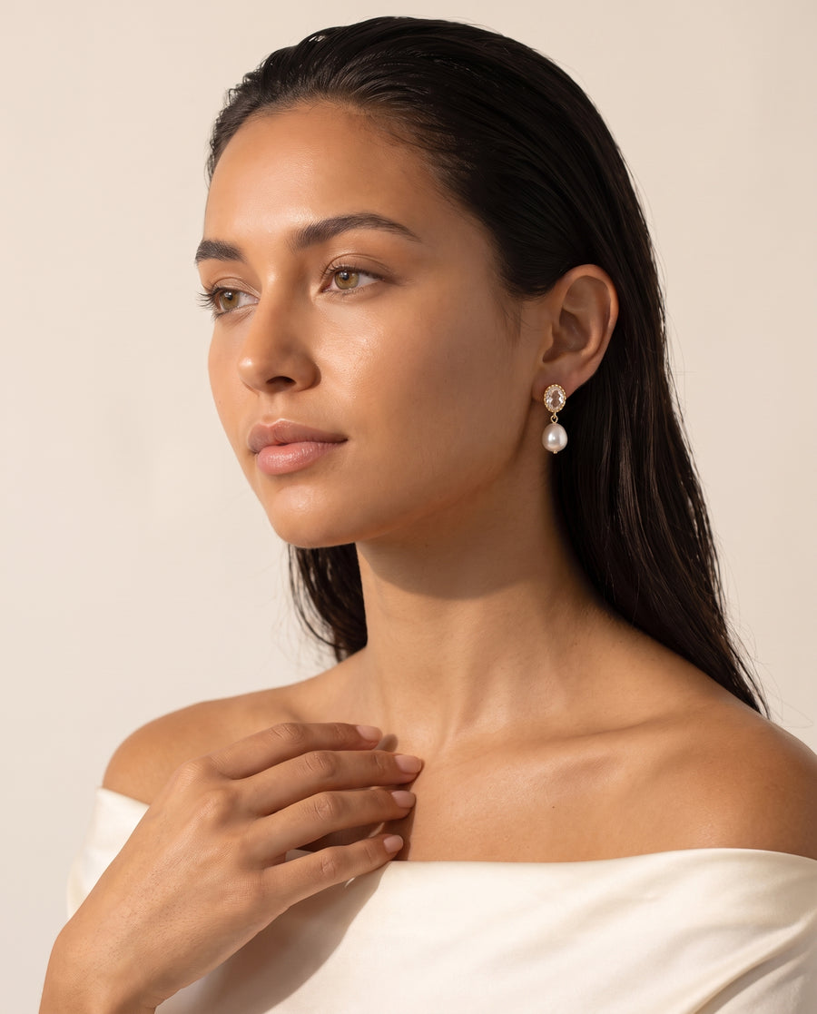 Oval Crystal Pearl Drops freshwater pearl earring ear to collarbone