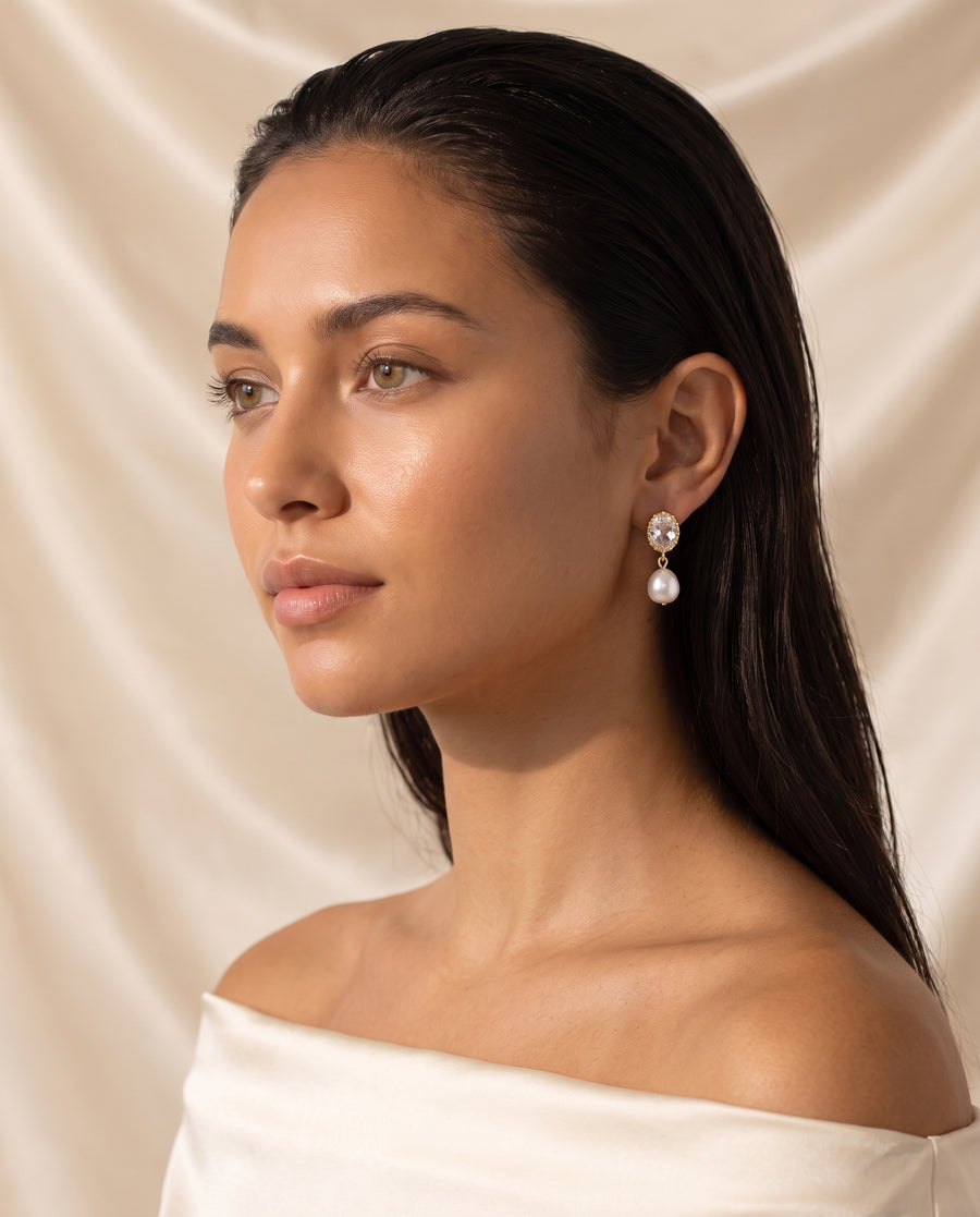 Oval Crystal Pearl Drops freshwater pearl earring editorial on champagne silk