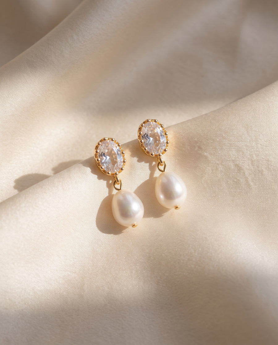 Oval Crystal Pearl Drops freshwater pearl earring draped on champagne silk