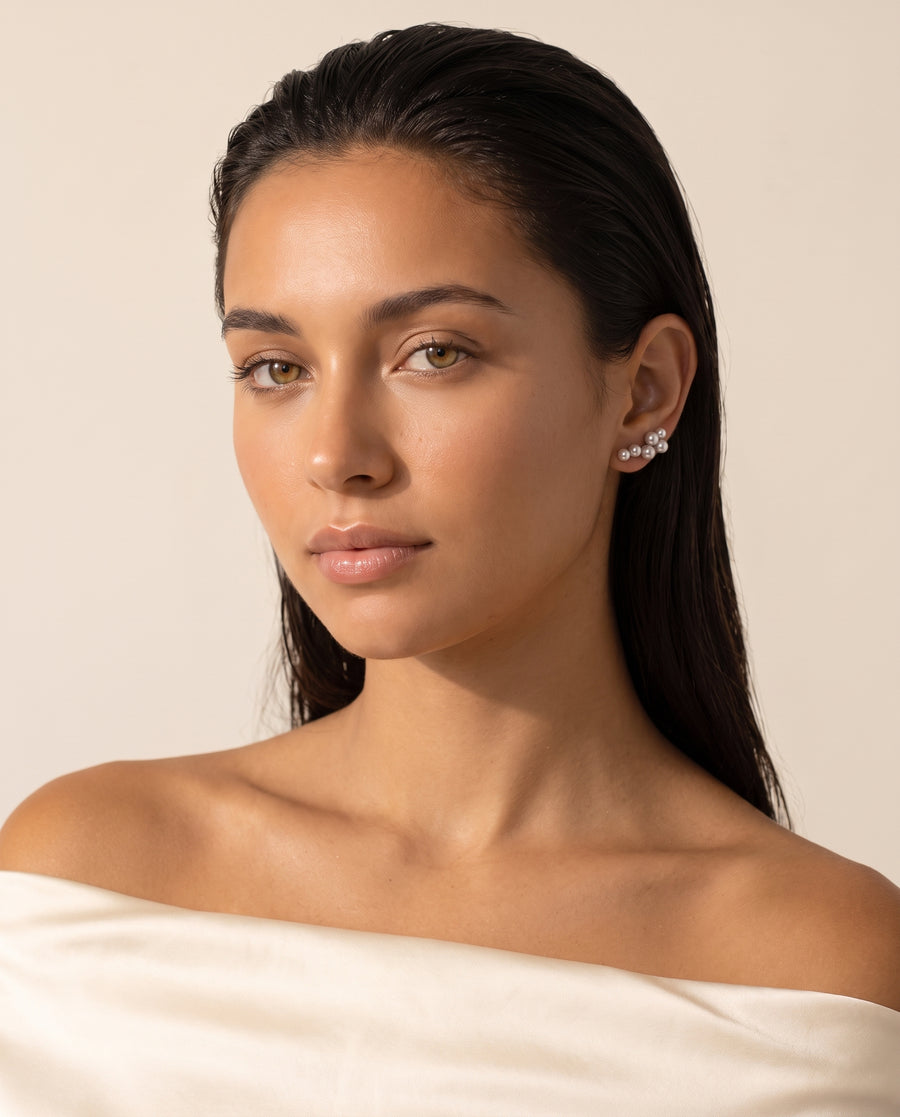 Grey Pearl Climber Studs freshwater pearl earring front view, both earrings