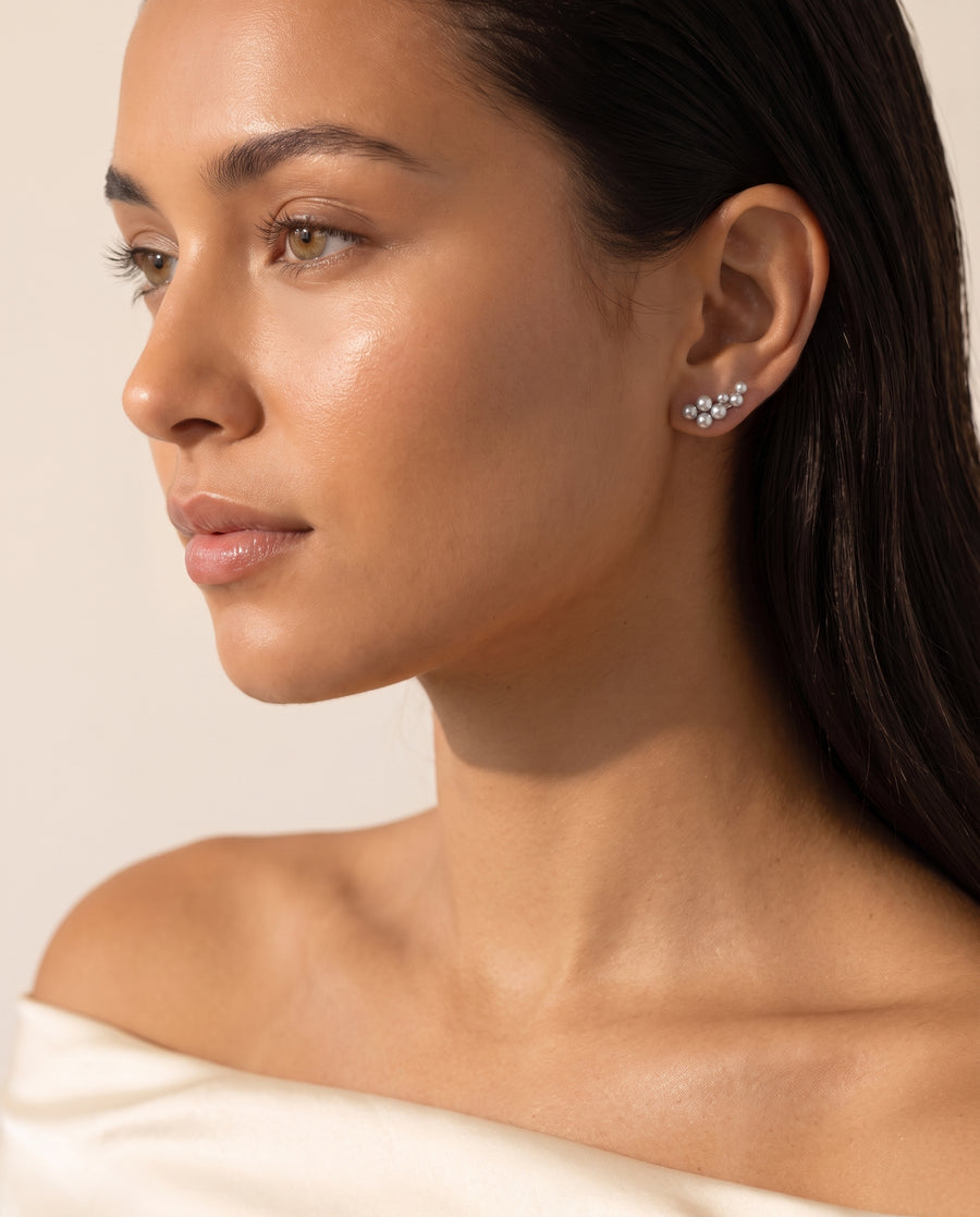 Grey Pearl Climber Studs freshwater pearl earring profile on the ear