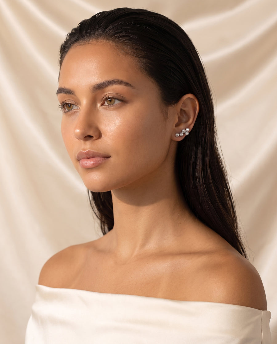 Grey Pearl Climber Studs freshwater pearl earring editorial on champagne silk