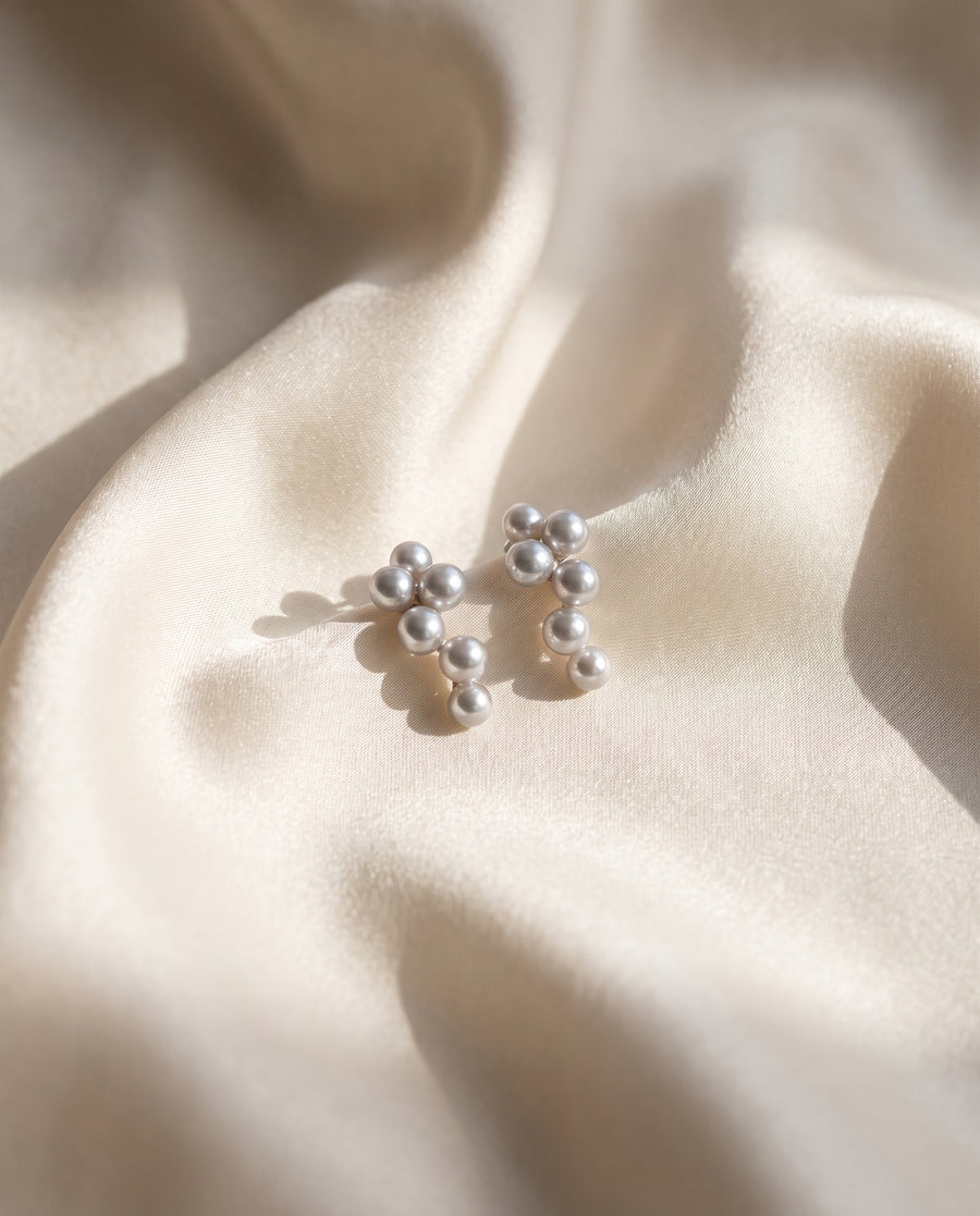 Grey Pearl Climber Studs freshwater pearl earring draped on champagne silk
