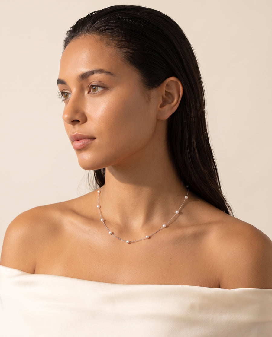 Pearl Station Necklace freshwater pearl necklace worn on the neck