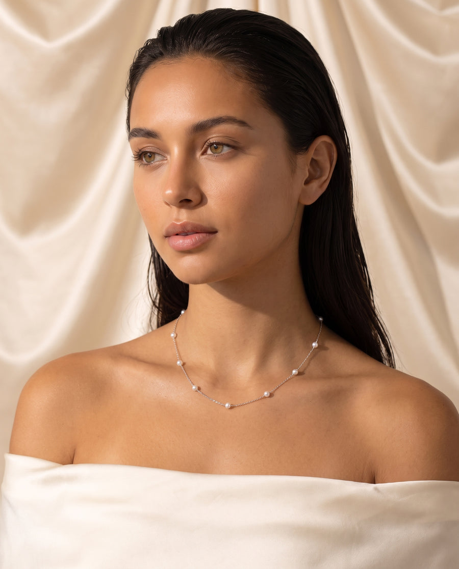 Pearl Station Necklace freshwater pearl necklace three-quarter neckline