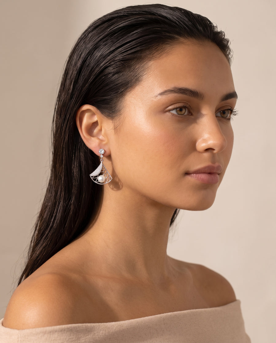 Deco Fan Pearl Drop Earrings editorial close crop