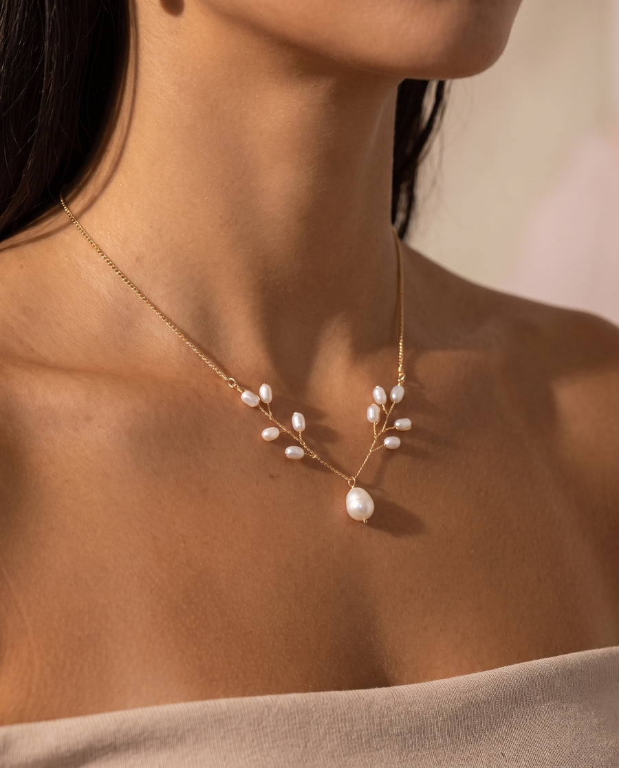 Pearl Vine Necklace worn by a model