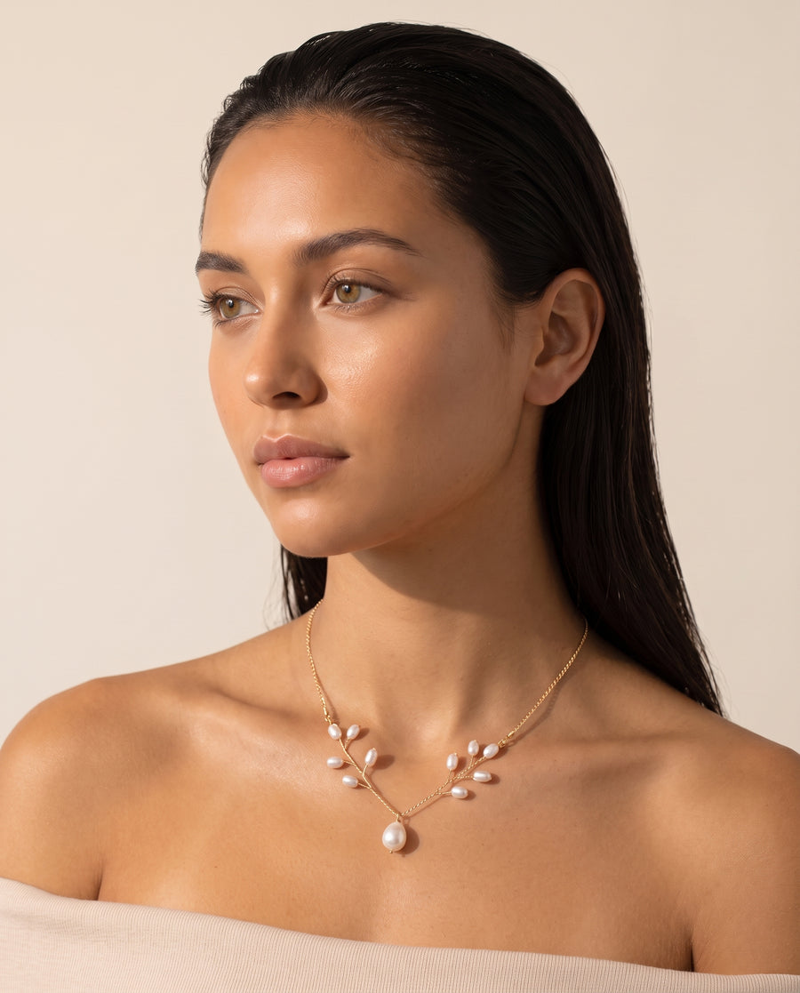 Pearl Vine Necklace worn by a model, three-quarter view