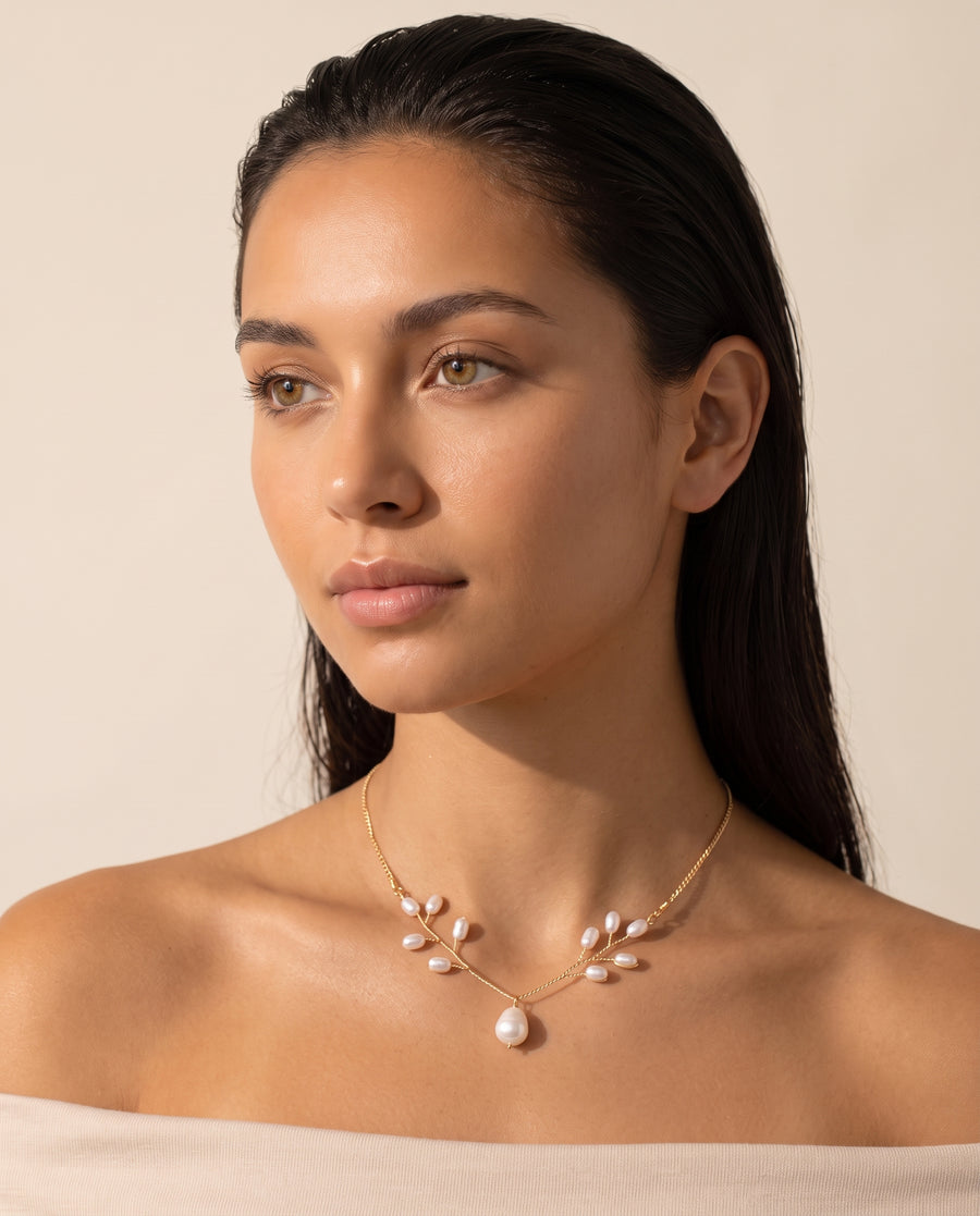 Pearl Vine Necklace worn by a model, front view