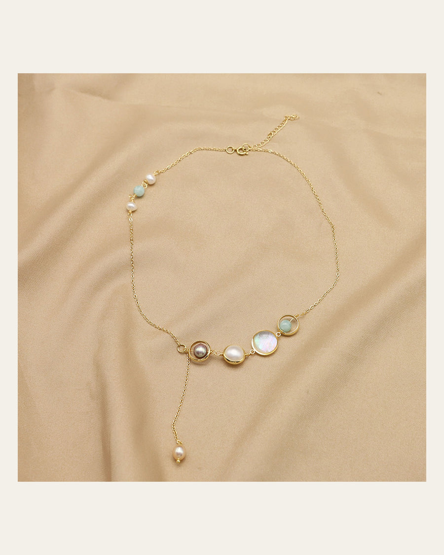 Aquamarine Pearl Lariat Necklace freshwater pearl and aquamarine on champagne silk