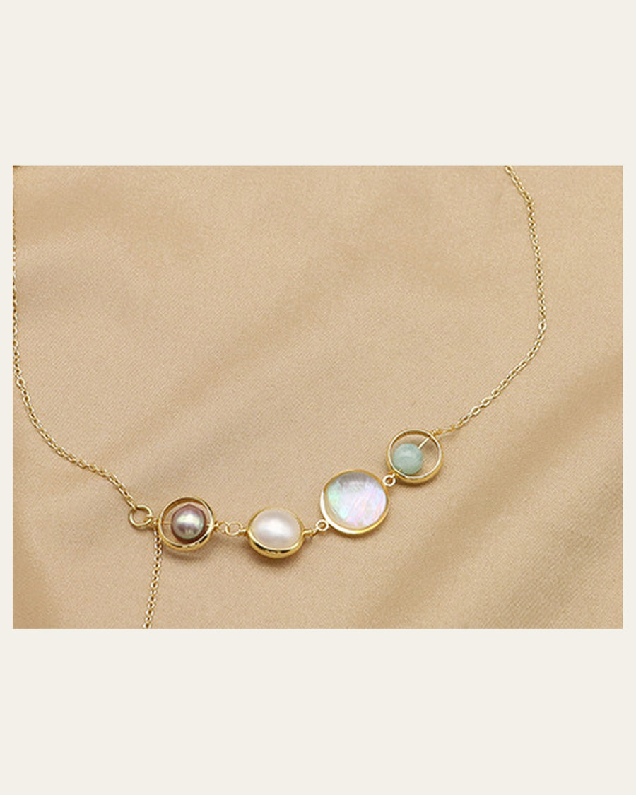 Aquamarine Pearl Lariat Necklace close detail of the stations