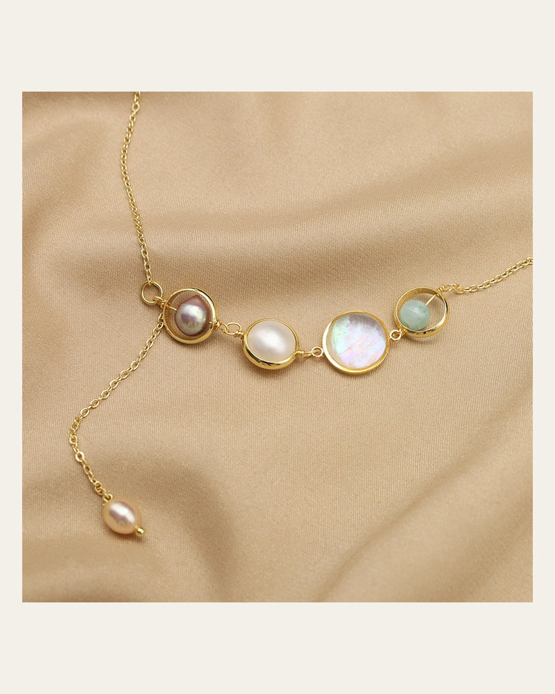 Aquamarine Pearl Lariat Necklace full necklace on champagne silk