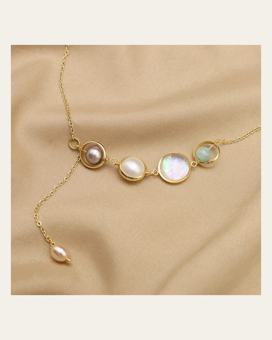 Aquamarine Pearl Lariat Necklace full necklace on champagne silk