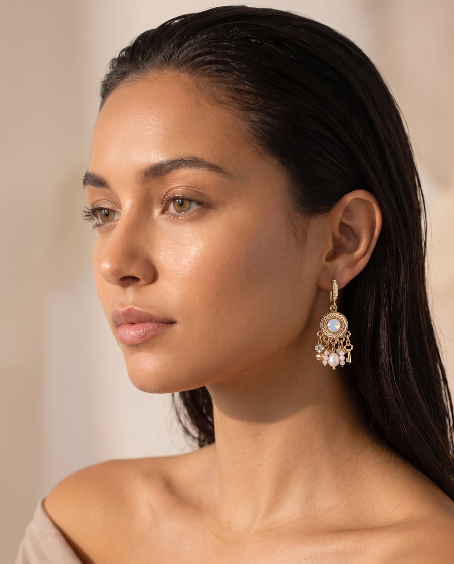 Vintage Medallion Pearl Drops worn by a model