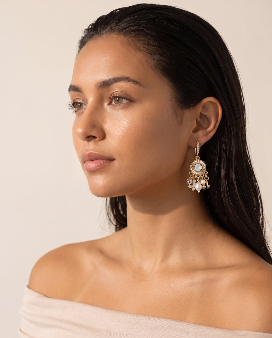 Vintage Medallion Pearl Drops worn by a model, front view