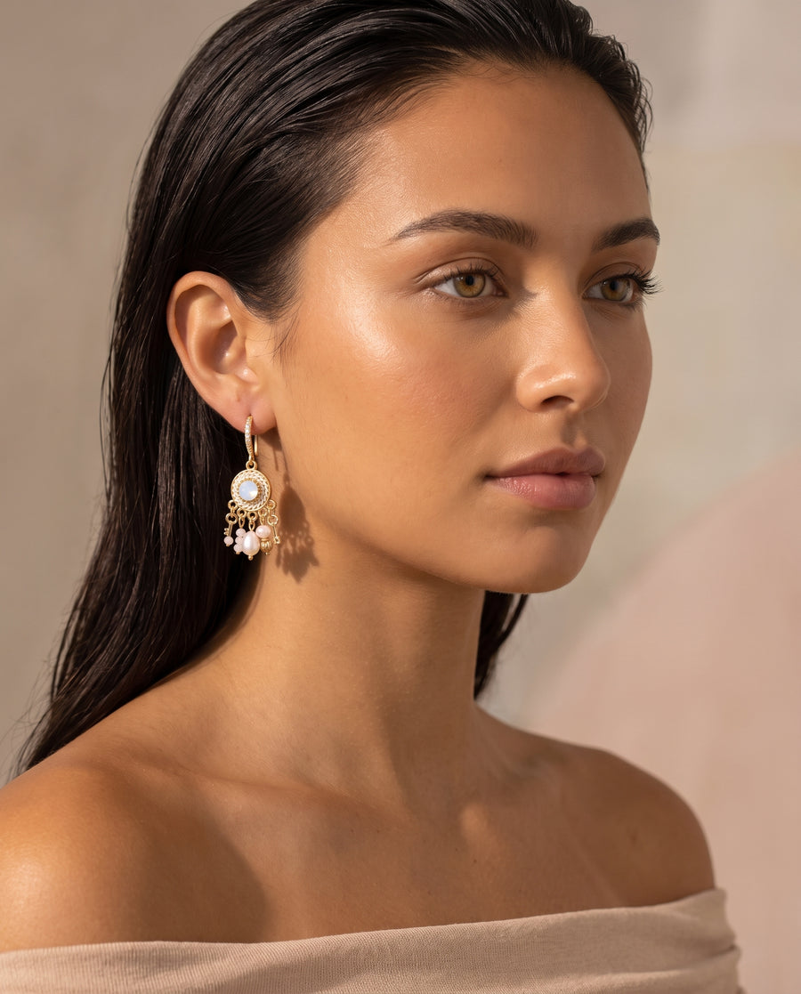 Vintage Medallion Pearl Drops editorial model close crop